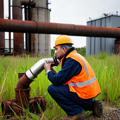 Home 15 **
A determined environmental inspector in their late 30s, wearing work boots and a safety vest, kneels beside a rusty, overgrown discharge pipe half-hidden in tall grass near a manufacturing plant. They are carefully examining the pipe with a flashlight, their expression focused and concerned. The background shows the blurred outline of the industrial plant on a slightly overcast day. Capture the sense of discovery and potential environmental hazard. Style: Realistic, gritty.
**