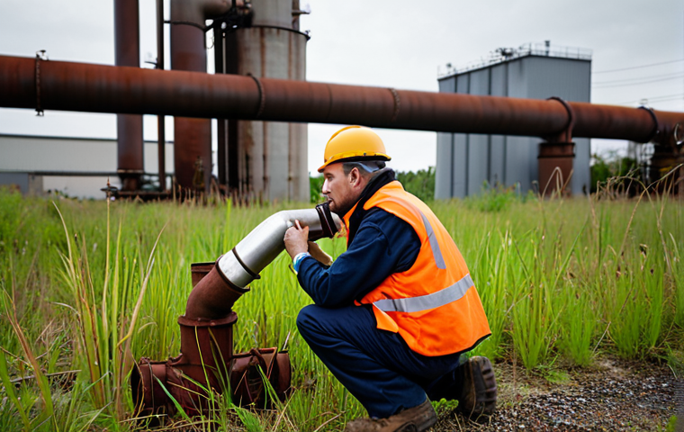 **
A determined environmental inspector in their late 30s, wearing work boots and a safety vest, kneels beside a rusty, overgrown discharge pipe half-hidden in tall grass near a manufacturing plant. They are carefully examining the pipe with a flashlight, their expression focused and concerned. The background shows the blurred outline of the industrial plant on a slightly overcast day. Capture the sense of discovery and potential environmental hazard. Style: Realistic, gritty.
**