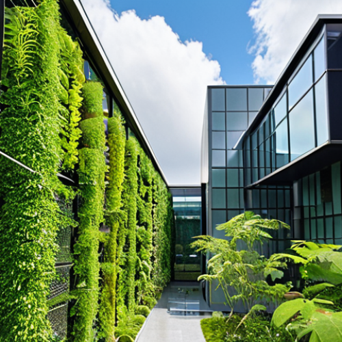 Home 8 A modern, eco-friendly office building exterior. The building incorporates green building technologies such as solar panels, vertical gardens, and smart glass windows. The surrounding landscape features lush greenery and a rainwater harvesting system. Capture a sense of innovation and sustainability, highlighting the integration of nature and technology.