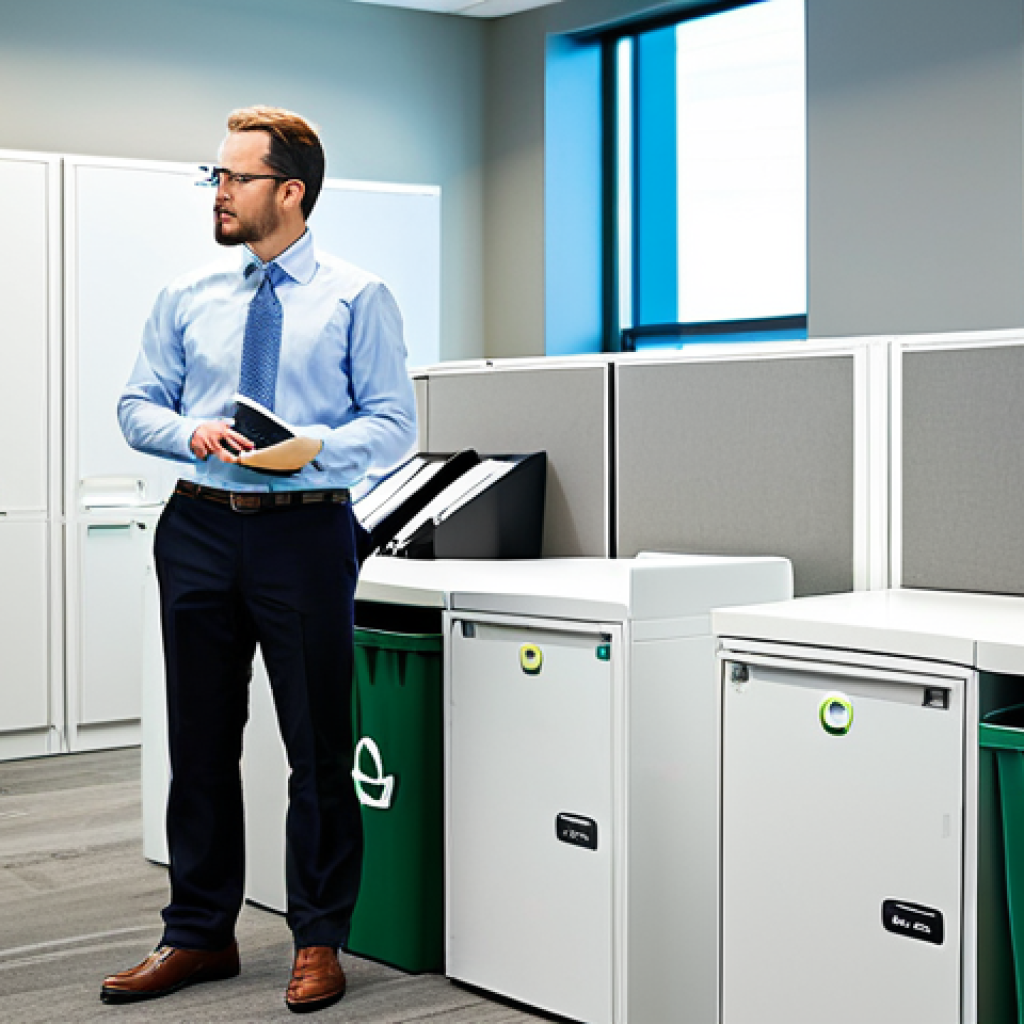 Modern Office Sustainability**
"A professional environmental manager, fully clothed in a modest business casual outfit, inspecting a modern office space with green initiatives, such as recycling bins and energy-efficient lighting, appropriate attire, safe for work, perfect anatomy, natural proportions, interior design, professional photography, high quality, family-friendly."
**