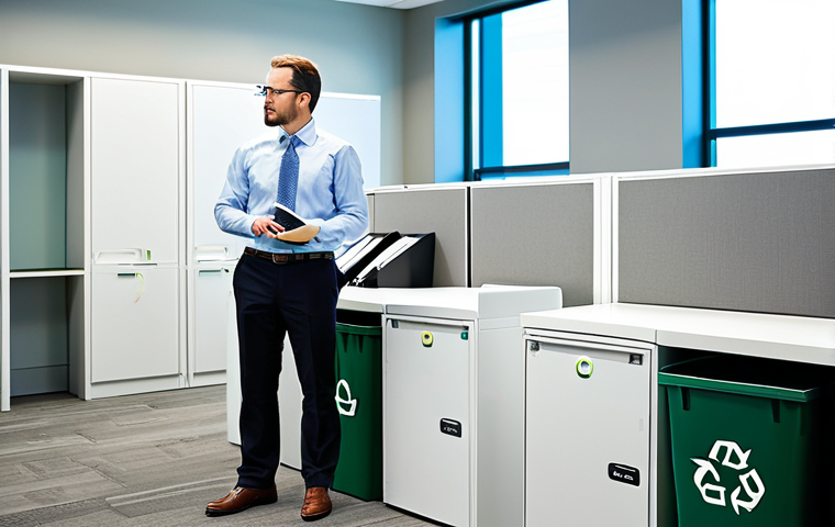 Modern Office Sustainability**
"A professional environmental manager, fully clothed in a modest business casual outfit, inspecting a modern office space with green initiatives, such as recycling bins and energy-efficient lighting, appropriate attire, safe for work, perfect anatomy, natural proportions, interior design, professional photography, high quality, family-friendly."
**