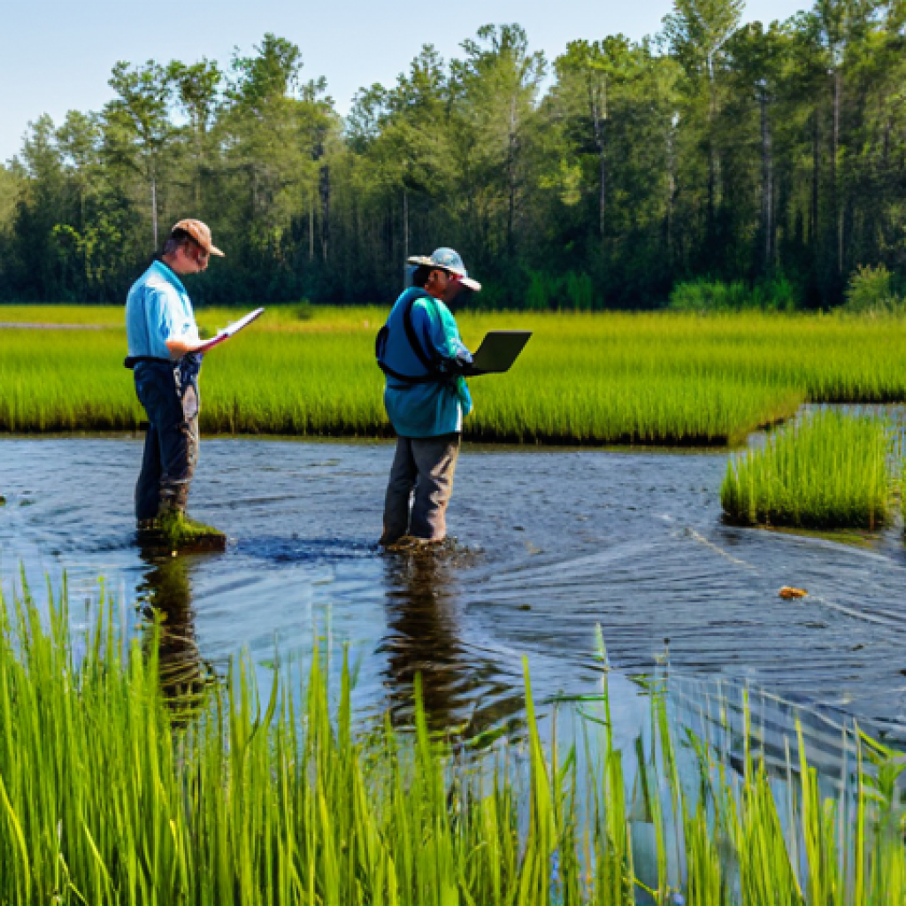 Data-Driven Wetland Restoration**
"A team of environmental scientists, fully clothed in appropriate field attire, working in a lush wetland. Laptops display data visualizations of plant biodiversity and water quality. Drones fly overhead collecting sensor data. Background shows healthy vegetation and thriving wildlife. Safe for work, appropriate content, professional setting, perfect anatomy, correct proportions, natural pose, well-formed hands, proper finger count, natural body proportions, family-friendly, high quality, professional photography."
**