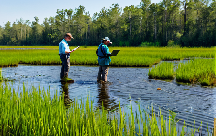 Data-Driven Wetland Restoration**
"A team of environmental scientists, fully clothed in appropriate field attire, working in a lush wetland. Laptops display data visualizations of plant biodiversity and water quality. Drones fly overhead collecting sensor data. Background shows healthy vegetation and thriving wildlife. Safe for work, appropriate content, professional setting, perfect anatomy, correct proportions, natural pose, well-formed hands, proper finger count, natural body proportions, family-friendly, high quality, professional photography."
**