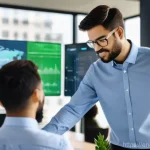 환경관리사 취업 성공 스토리 - A diverse group of young, energetic professionals, dressed in smart casual business attire, are coll...