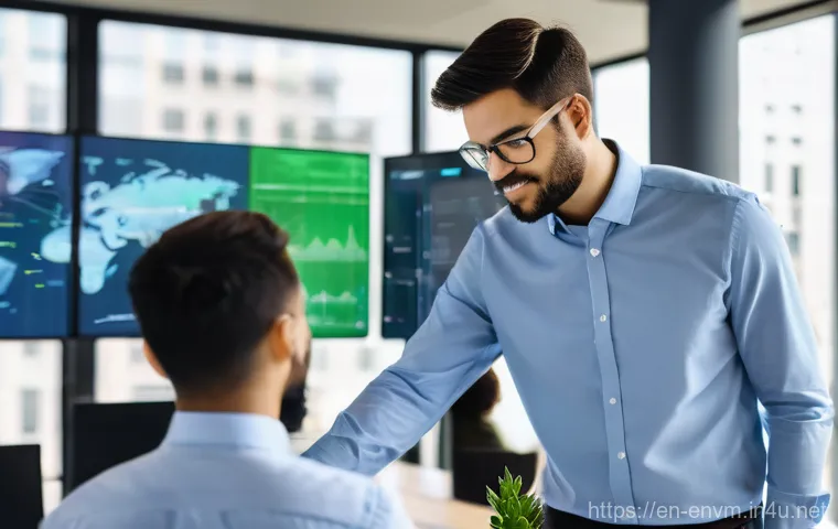 환경관리사 취업 성공 스토리 - A diverse group of young, energetic professionals, dressed in smart casual business attire, are coll...