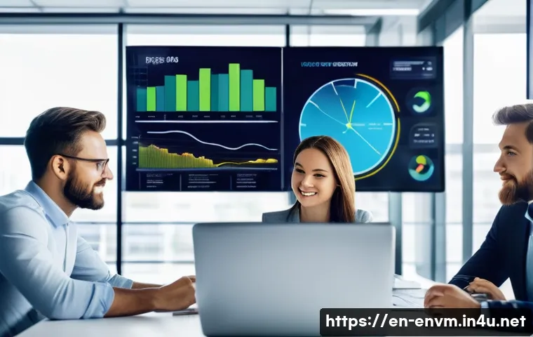 환경관리사와 협력업체의 역할 - A modern corporate office environment showing a diverse team of environmental managers and contracto...