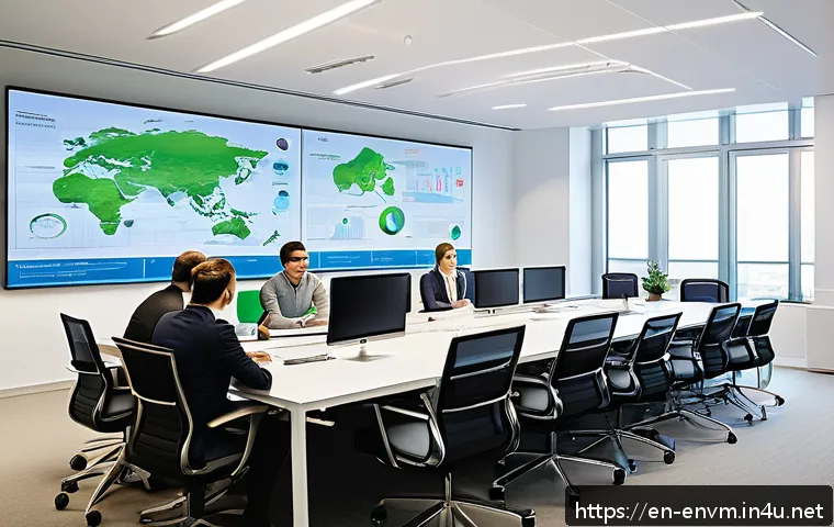 환경관리사와 지속 가능한 기업 사례 - A diverse team of environmental managers and engineers collaborating around a large conference table...