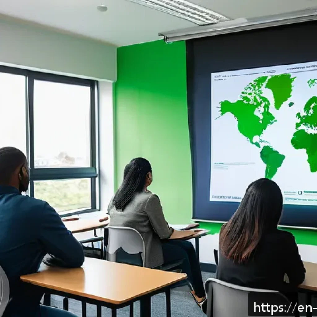 환경관리사 시험 대비 무료 자료 - A modern classroom setting with diverse adult students attentively watching a large screen displayin...