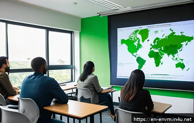 환경관리사 시험 대비 무료 자료 - A modern classroom setting with diverse adult students attentively watching a large screen displayin...