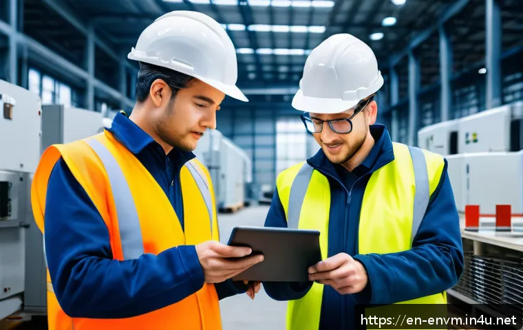 환경관리사 업무 중 협력사의 역할 - A professional environmental contractor team conducting a detailed energy audit inside a modern indu...