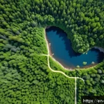 Home 21 환경관리사 관련 업계 동향 분석 - A high-resolution aerial view of a vast forest landscape with active satellite and drone monitoring ...