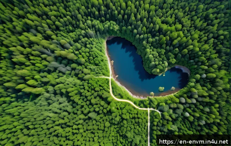 환경관리사 관련 업계 동향 분석 - A high-resolution aerial view of a vast forest landscape with active satellite and drone monitoring ...