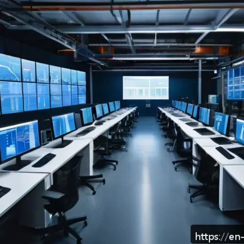 Home 32 환경관리사 업무를 위한 데이터 분석 - A high-tech industrial factory interior with multiple IoT sensors and digital screens displaying rea...