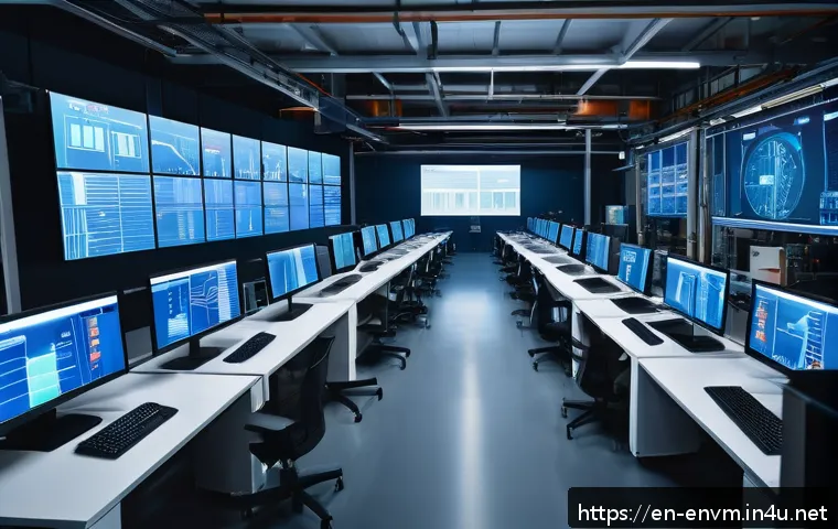 환경관리사 업무를 위한 데이터 분석 - A high-tech industrial factory interior with multiple IoT sensors and digital screens displaying rea...