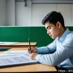 Home 19 환경관리사 실기시험에서 주의해야 할 실수 - A professional environmental management exam setting: a focused young adult candidate sitting at a c...