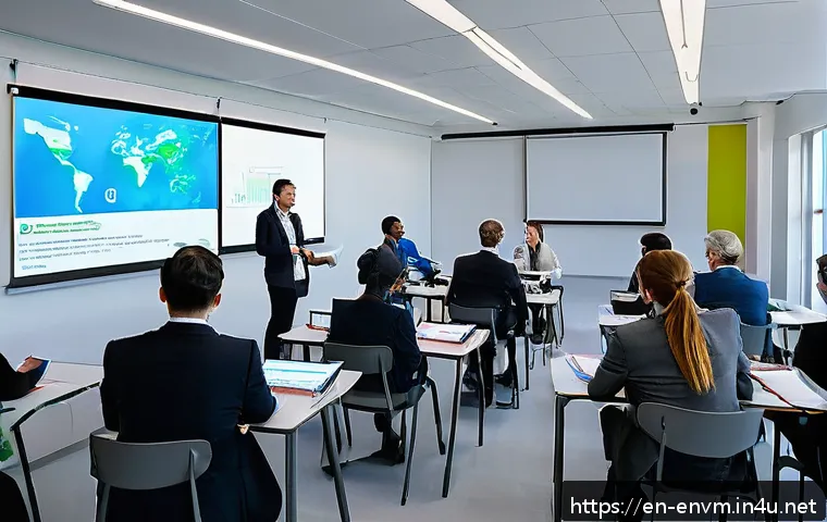 환경관리사 시험 최신 동향 - A professional environmental certification exam setting showing a diverse group of mid-level profess...