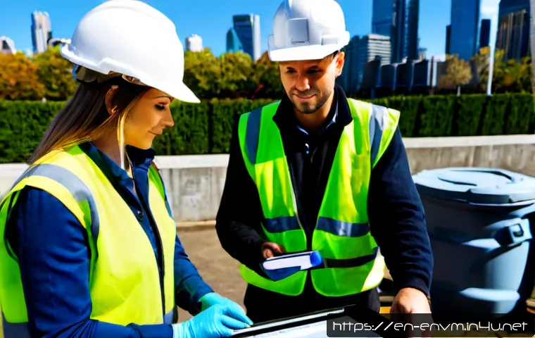 환경관리사와 팀워크의 중요성 - Photorealistic environmental management team in bright safety vests and hard hats collaborating arou...