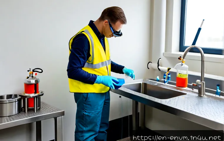 환경관리사 실기시험 모의연습 - Photorealistic environmental technician practical exam mock practice in a bright modern training lab...