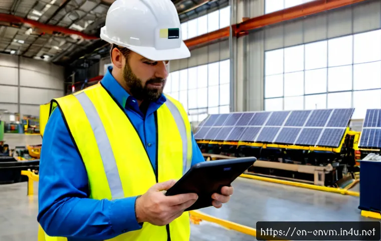 환경관리사와 기업 환경경영 사례 - Photorealistic corporate environmental manager in a modern American manufacturing facility, wearing ...